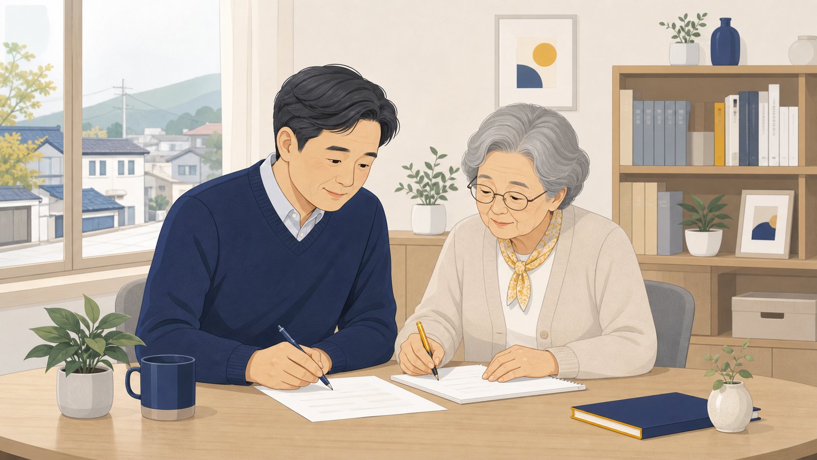 상담실에서 중년 자녀와 노년 부모가 나란히 앉아 종이에 계획을 적으며 이야기 나누는 장면