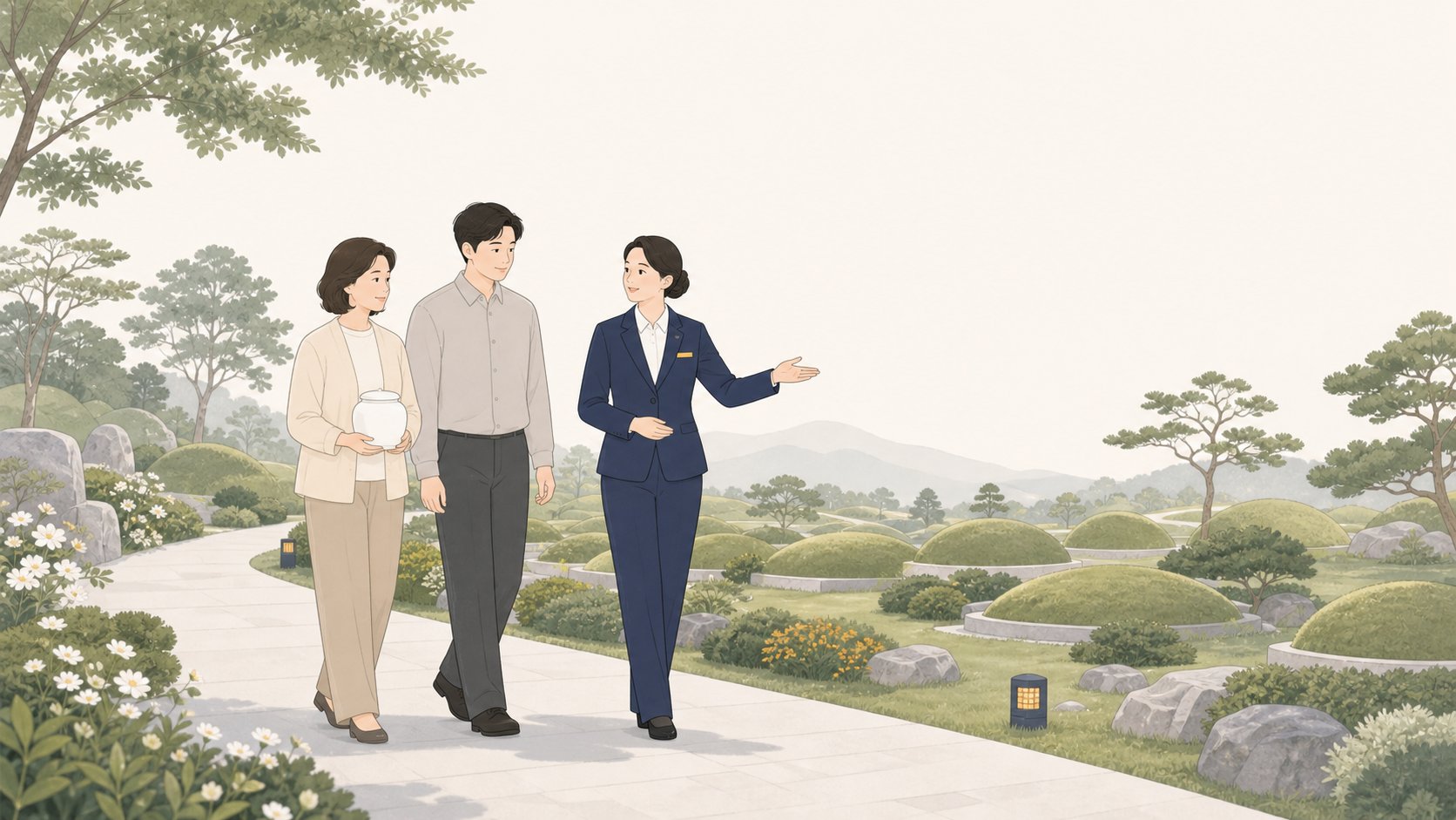 유족이 자연장지에서 관리 직원의 안내를 받으며 골분함을 들고 차분히 이동하는 장면