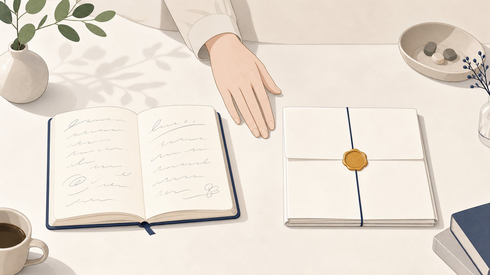 자유로운 손글씨 노트와 격식 있는 봉인 문서를 나란히 놓고 비교하듯 바라보는 손, 책상 위 정물