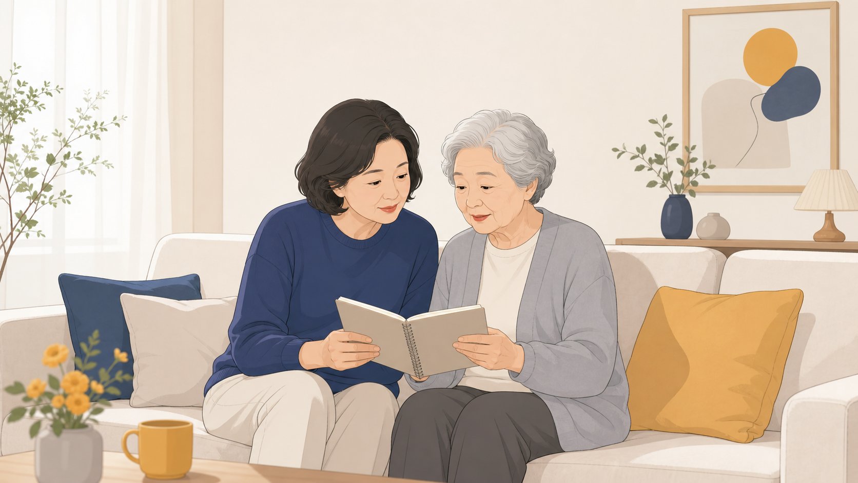 거실 소파에서 중년 자녀와 노년 부모가 노트를 함께 넘겨 보며 부드럽게 대화하는 장면