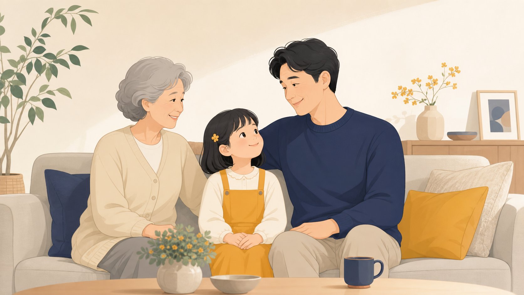 노년 부모가 어린 손주와 중년 자녀를 바라보며 안심하는 표정으로 앉아 있는 3세대 가족 장면