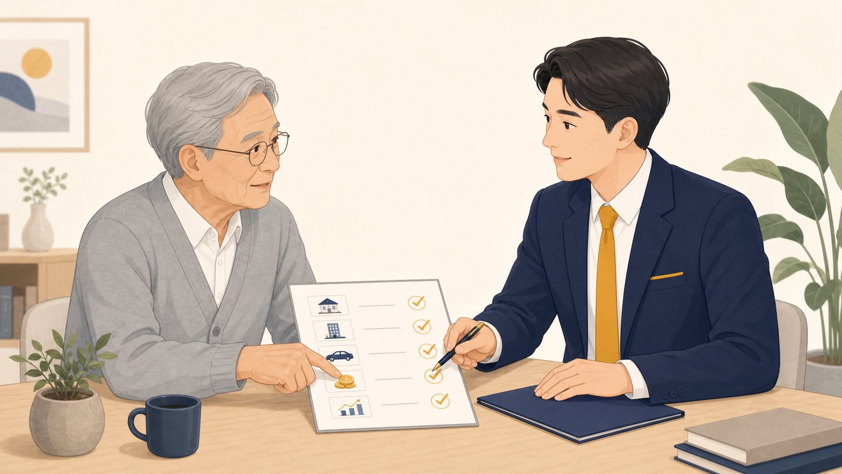 노년 어르신이 상담 직원과 재산 목록 서류를 손가락으로 짚으며 관리 조건을 확인하는 상담 장면
