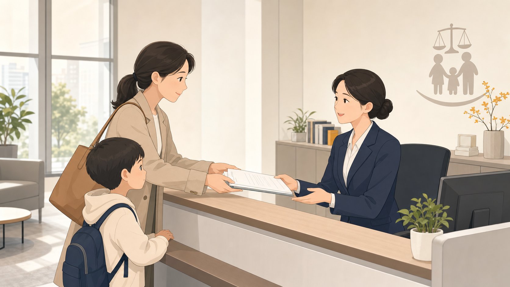 가정법원 안내 창구에서 보호자가 직원에게 서류를 제출하며 절차를 안내받는 장면