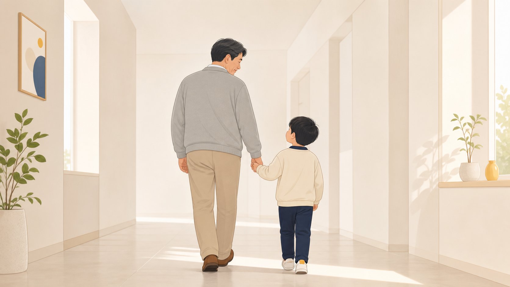 중년 후견인으로 보이는 어른이 어린아이와 손을 맞잡고 나란히 걸으며 보살피는 뒷모습 장면