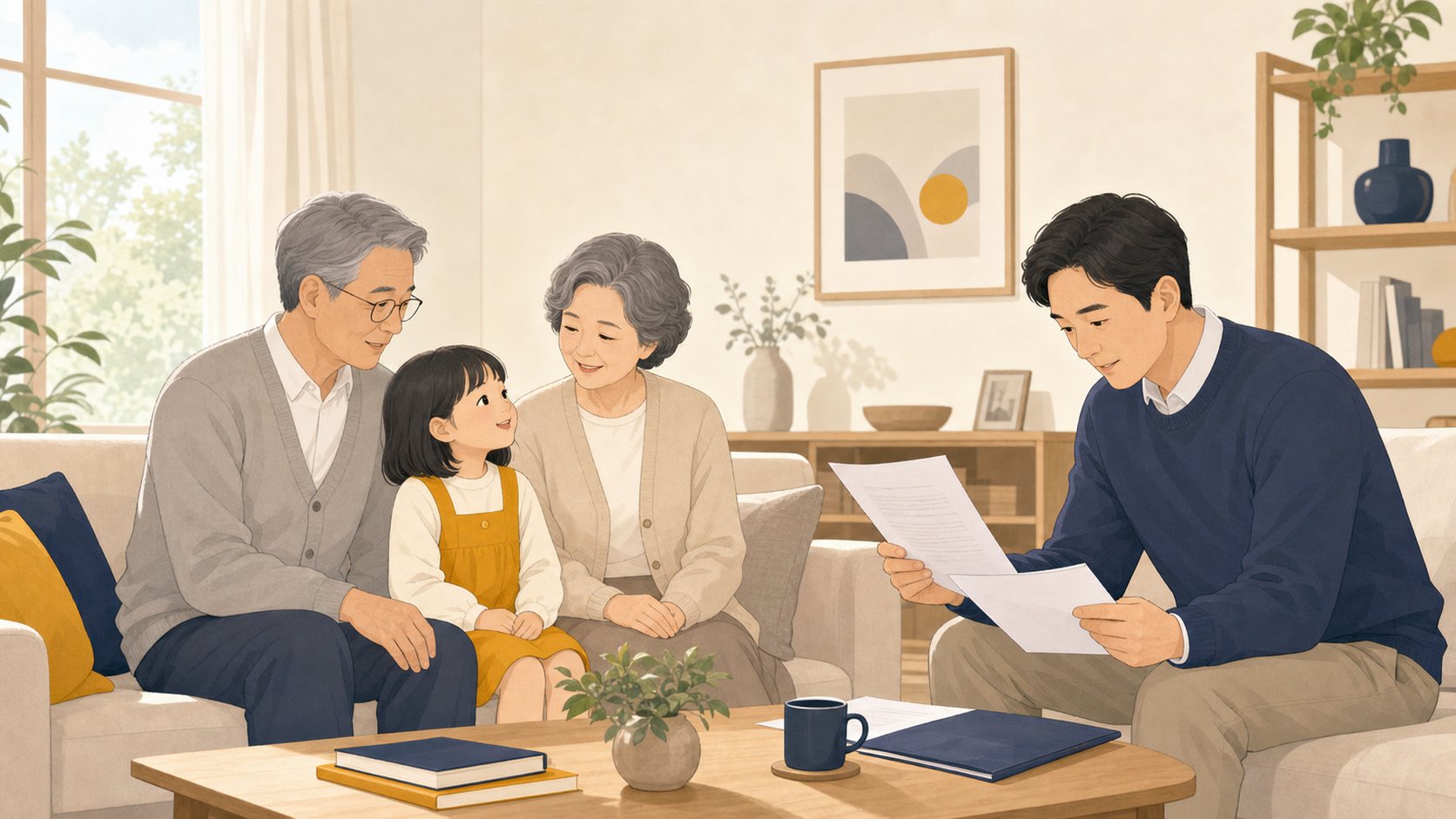 거실에서 조부모와 어린 손주가 함께 앉아 있고 곁에서 중년 친척이 서류를 살피는 3세대 장면