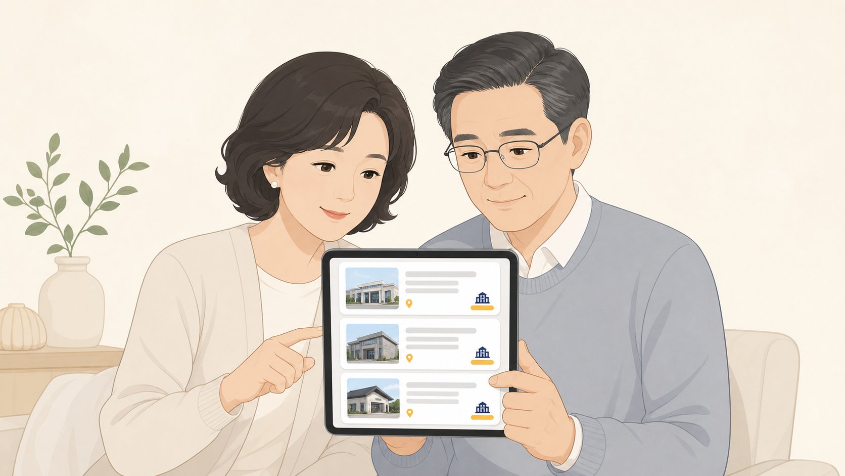 태블릿으로 여러 장례식장 정보를 카드 형태로 비교하는 가족