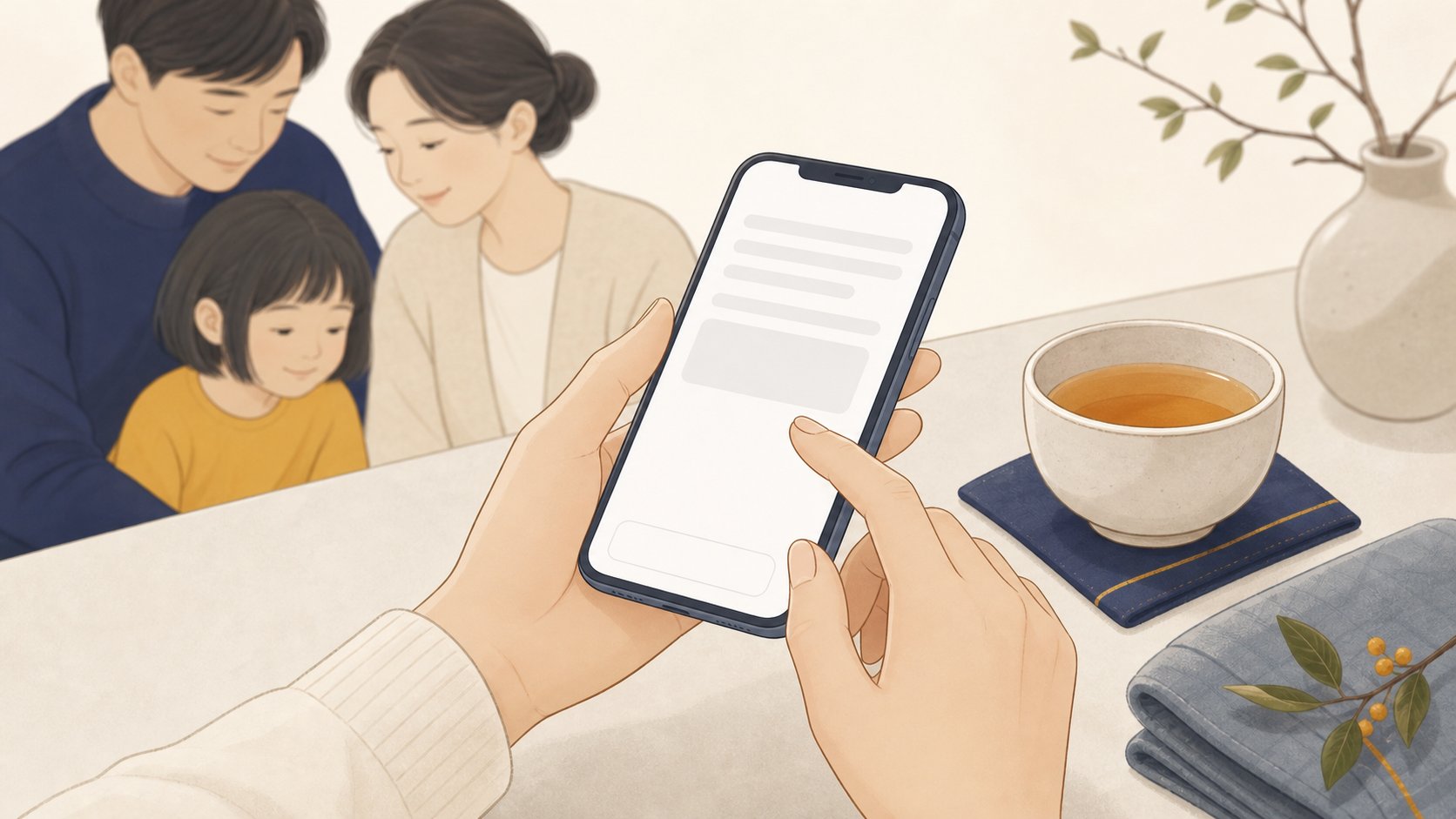 휴대폰으로 짧은 감사 인사를 작성하는 손과 옆에 놓인 찻잔