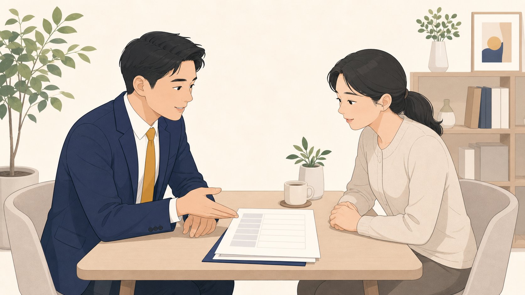 상조 담당자와 마주 앉아 이번 장례에 들어갈 항목을 상의하는 상담 장면