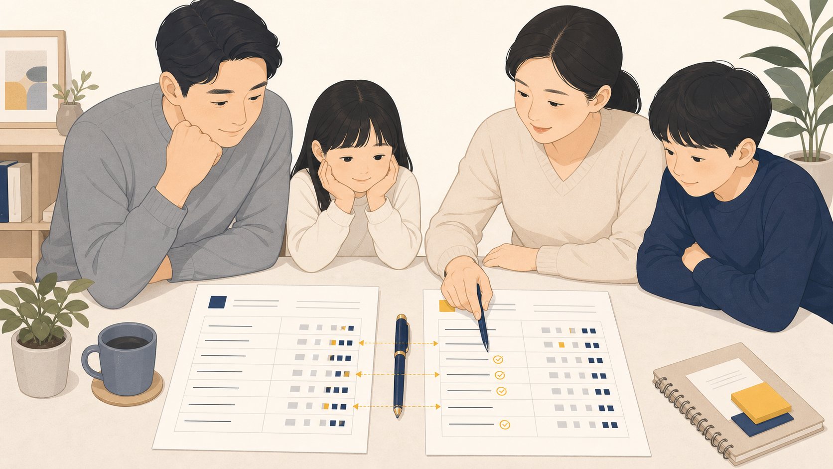 두 장의 청구서를 나란히 놓고 항목을 대조하는 손과 서류