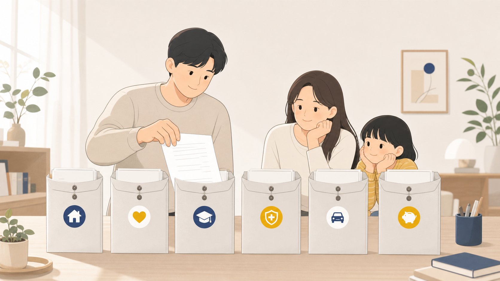 용도별로 나눈 서류 봉투에 서류를 나누어 담는 손