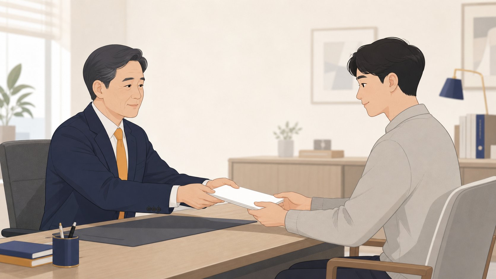 사무실 책상을 사이에 두고 인사 담당자와 직원이 서류를 조용히 주고받는 장면