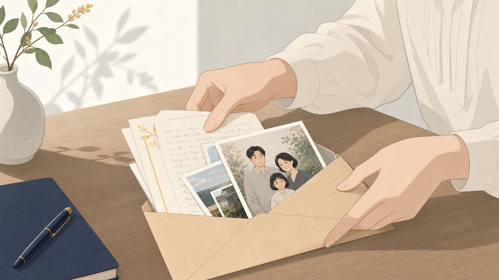 손편지와 인화 사진 여러 장을 종이 봉투에 가지런히 담고 있는 여성의 손