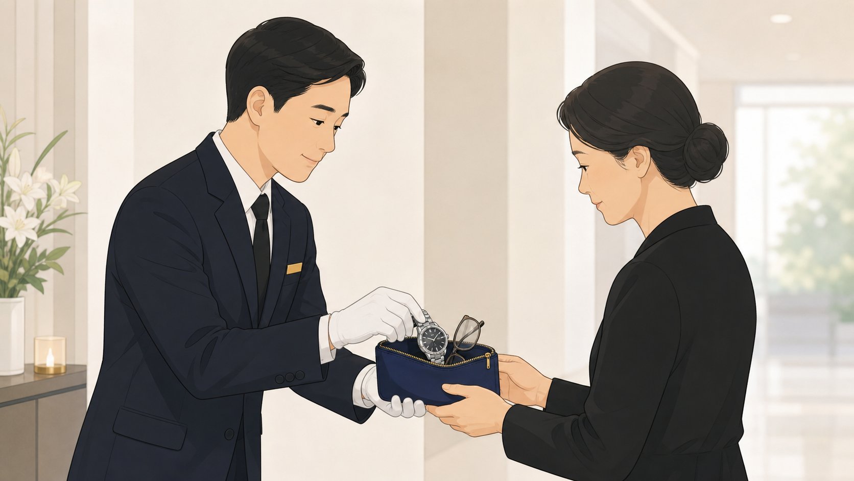 장례식장 직원이 금속 손목시계와 안경을 작은 보관 봉투에 담아 유족에게 건네는 모습