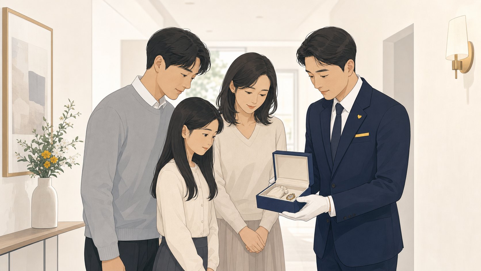 가족과 장례지도사가 복도에서 작은 유품 상자를 함께 들여다보며 이야기하는 모습