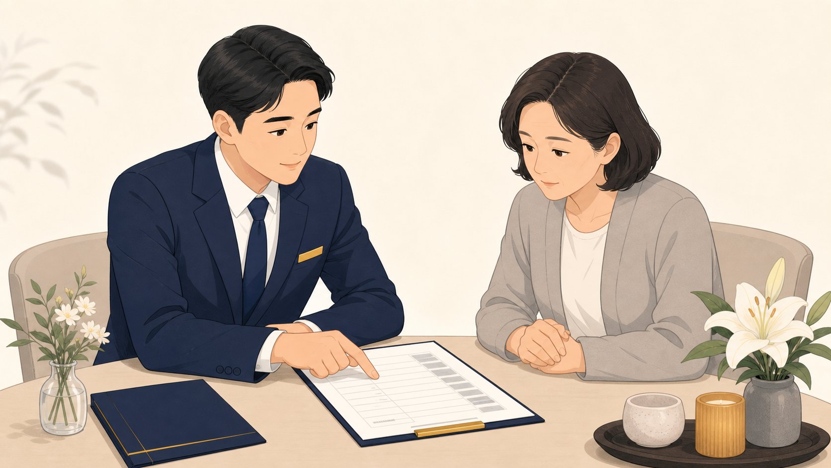 상담 테이블에서 담당자와 유족이 품목이 적힌 서류를 손으로 짚으며 확인하는 모습
