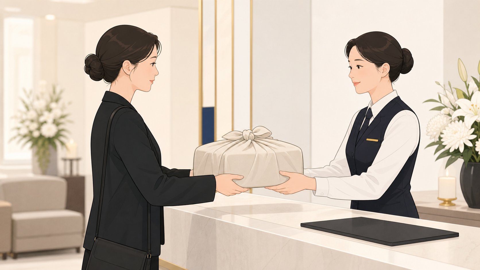 성인 자녀가 옷을 담은 보자기 꾸러미를 장례식장 안내 데스크에서 담당자에게 건네는 모습