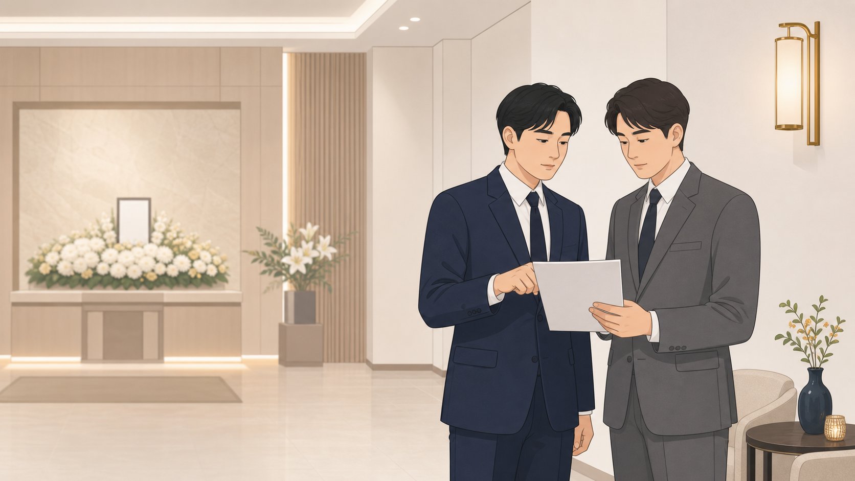 형제로 보이는 두 사람이 빈소 한쪽에서 서류를 사이에 두고 역할을 나누며 이야기하는 모습