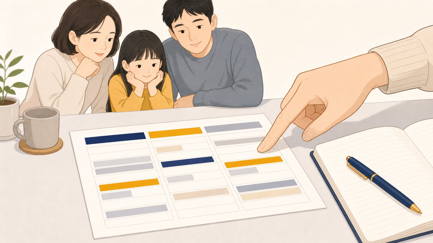 테이블 위 사흘 일정표를 손가락으로 짚어 확인하는 손과 옆에 놓인 노트와 펜
