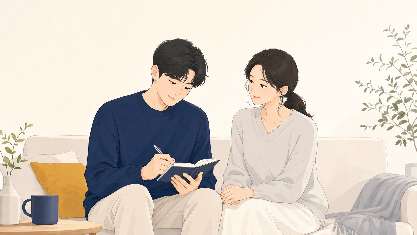 가족 한 사람이 수첩에 상담 내용을 받아 적고 다른 가족이 옆에서 함께 듣는 모습