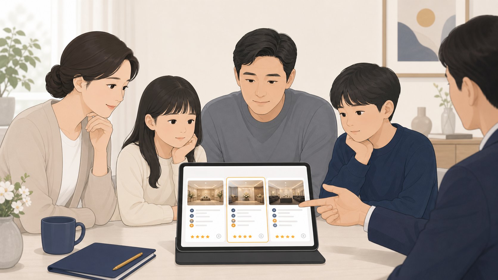 태블릿 화면에 여러 장례식장 정보가 카드로 나란히 표시되고 가족이 함께 들여다보는 모습