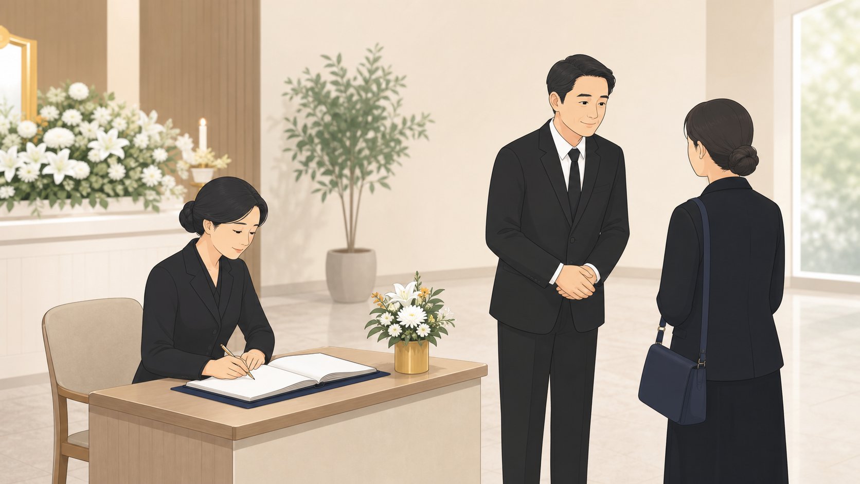 빈소 접수대에서 한 가족은 방명록을 맡고 다른 가족은 조문객을 맞이하는 모습