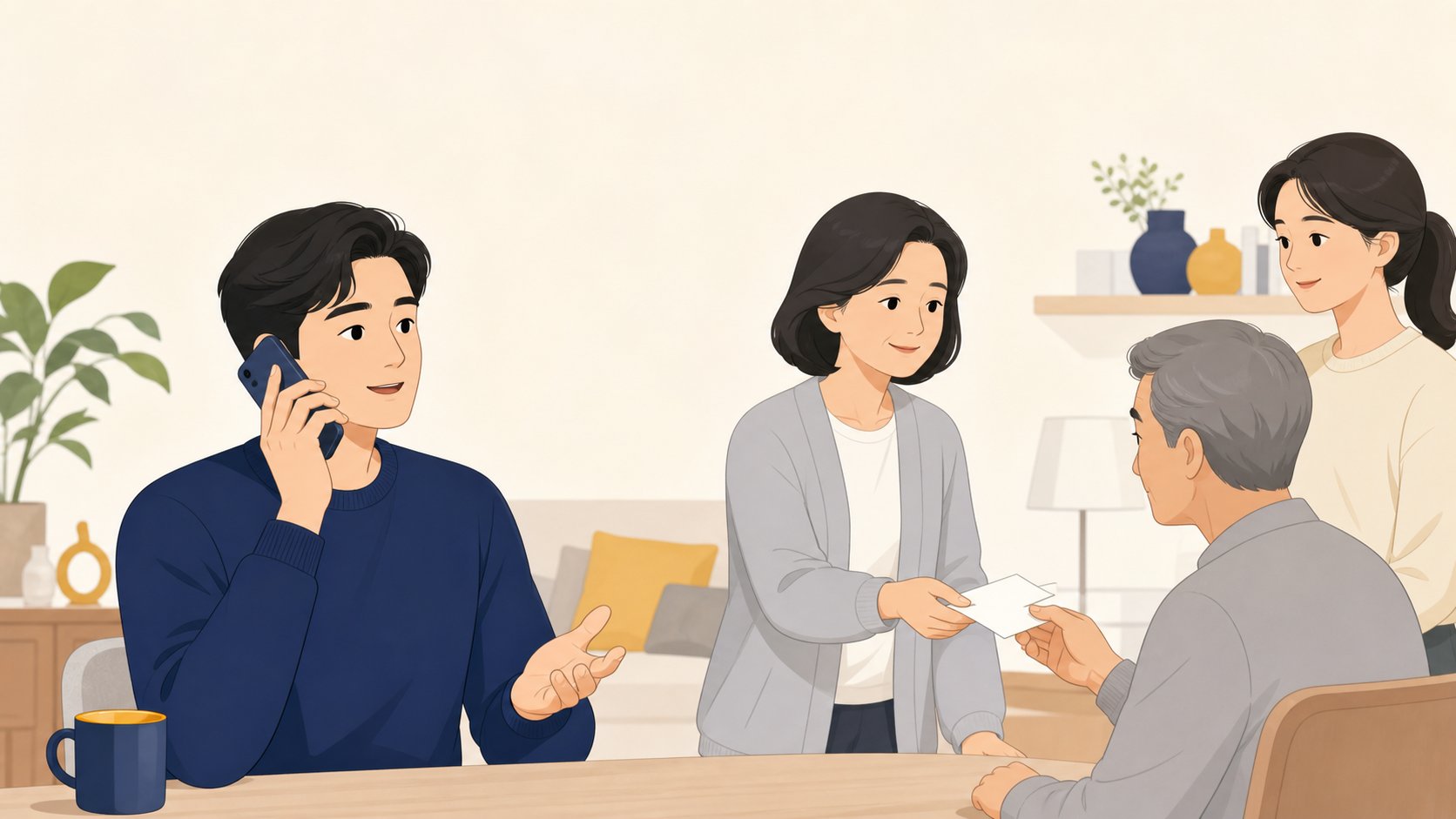 휴대폰으로 멀리 있는 가족에게 상황을 전하는 유족과 옆에서 메모를 건네는 다른 가족