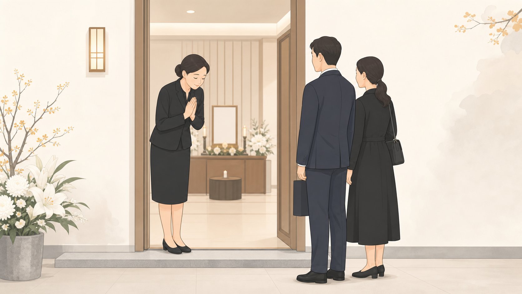 빈소 입구에서 가족 한 사람이 두 손을 모아 조문객에게 정중히 인사하는 모습