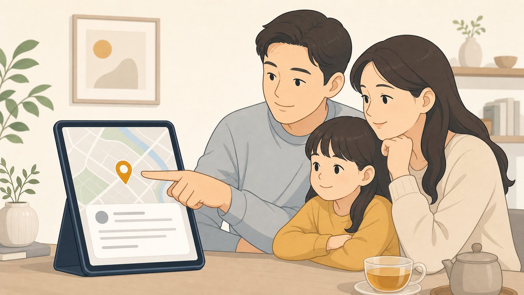 테이블 위 태블릿에 표시된 지도와 정보 화면에서 장례식장 위치를 손가락으로 짚어 확인하는 모습