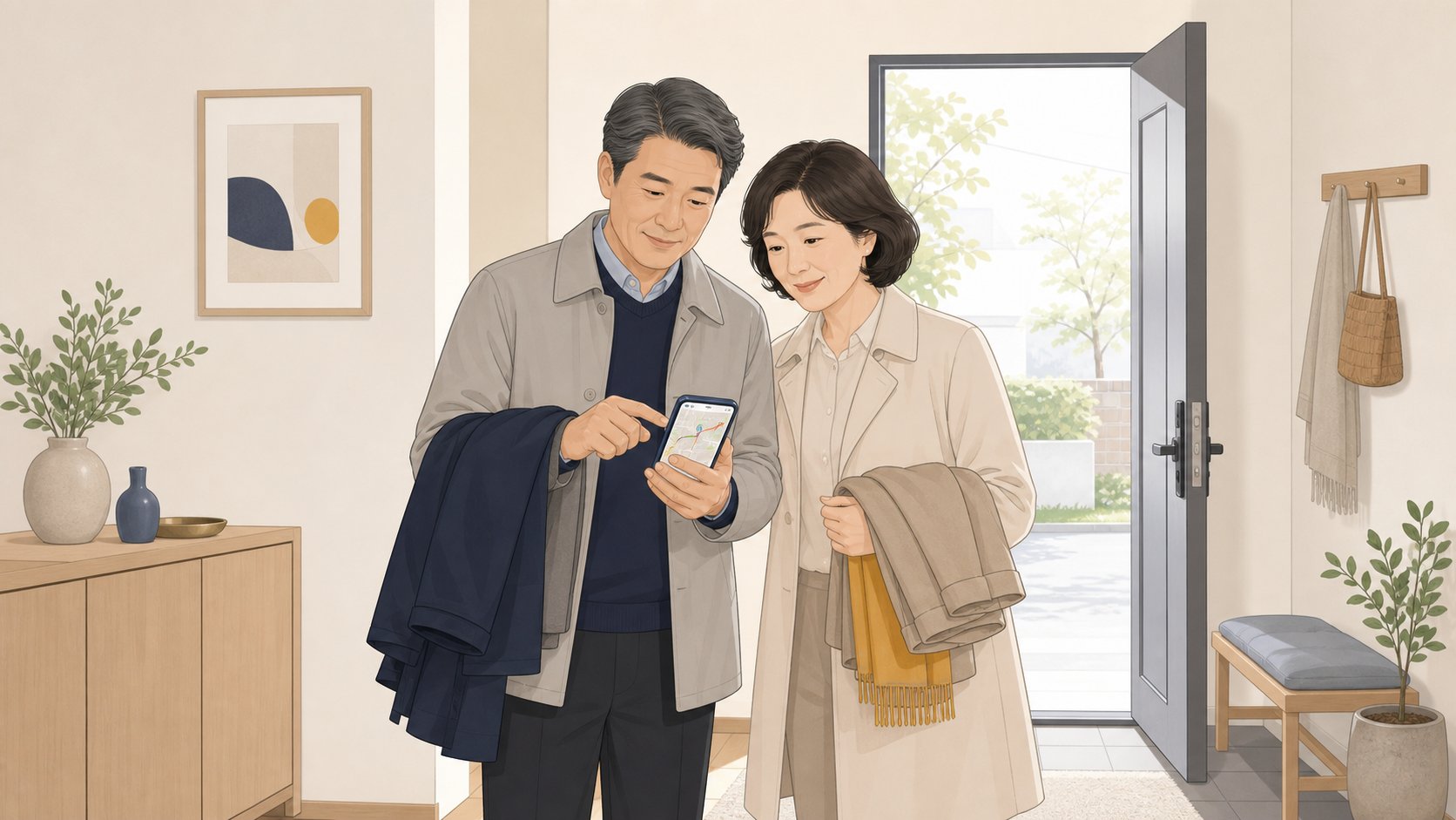 현관에서 겉옷을 챙겨 들고 휴대폰 지도를 함께 들여다보는 중년 부부