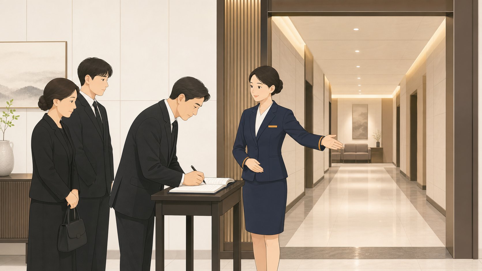 장례식장 입구에서 방명록에 이름을 적는 조문객과 안쪽을 안내하는 직원