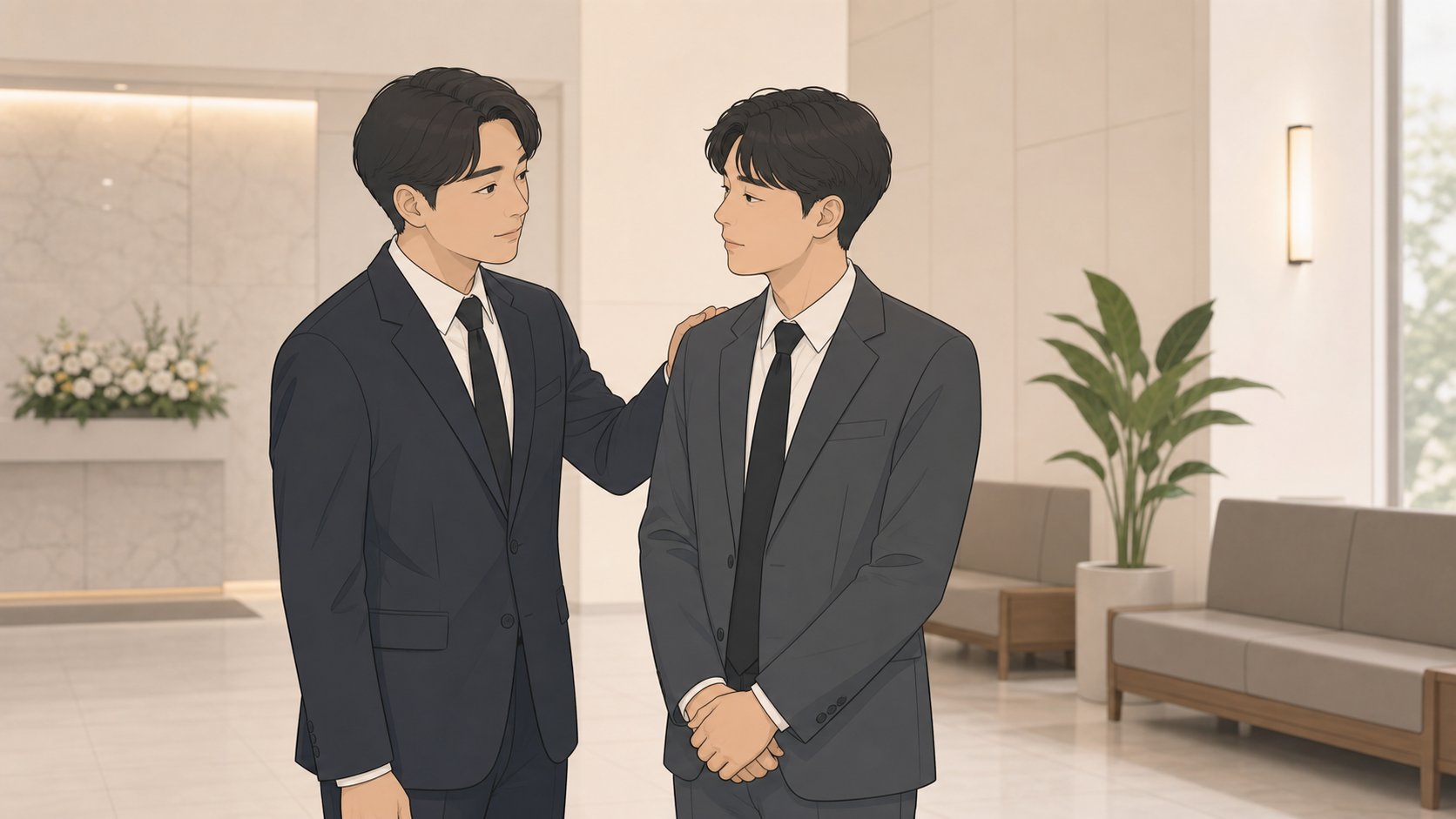 장례식장 로비에서 한 사람이 다른 사람의 어깨에 손을 얹고 조용히 이야기를 나누는 두 친구