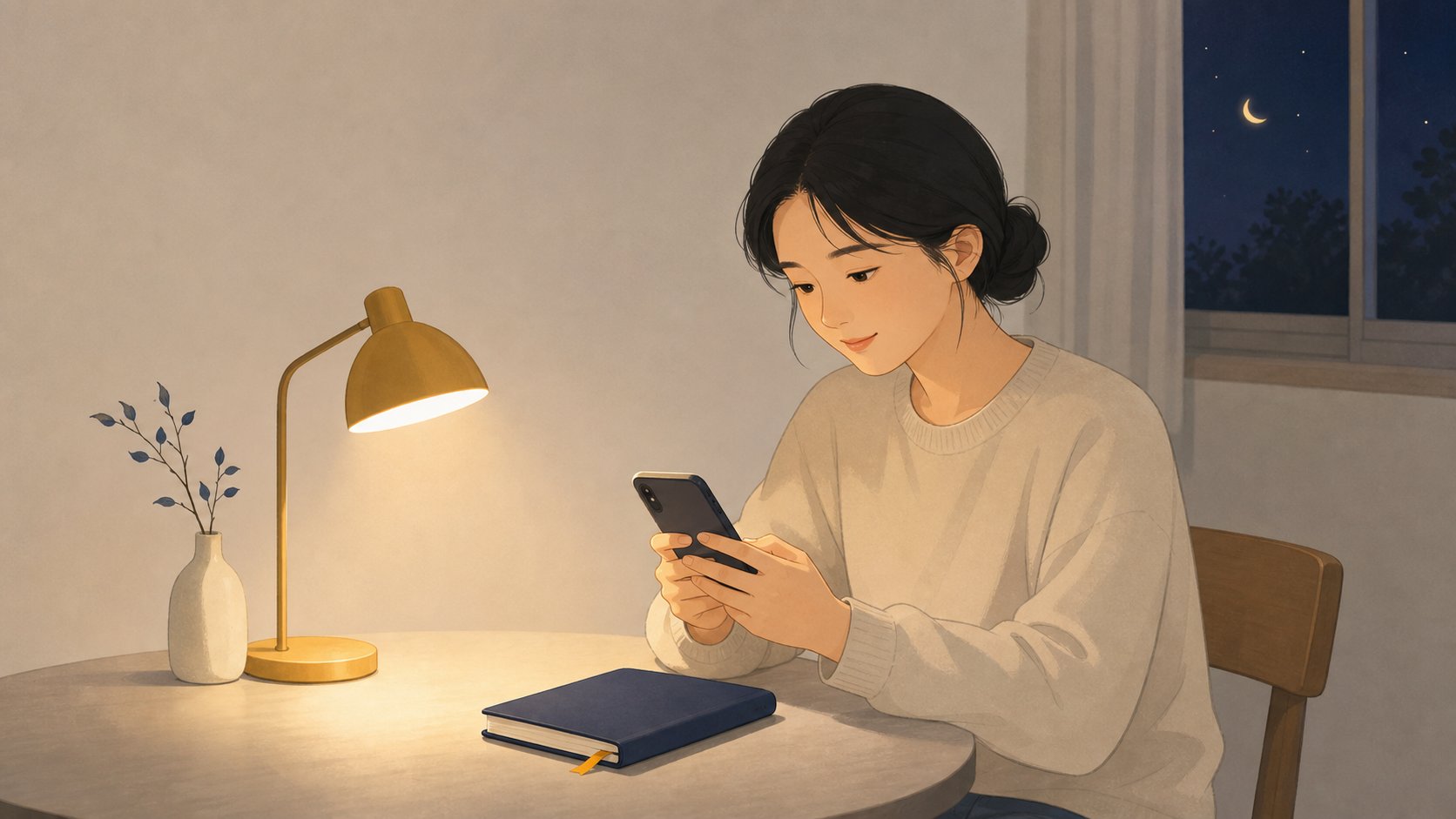 늦은 밤 조용한 방에서 작은 탁자에 앉아 휴대폰으로 짧은 글을 적는 사람
