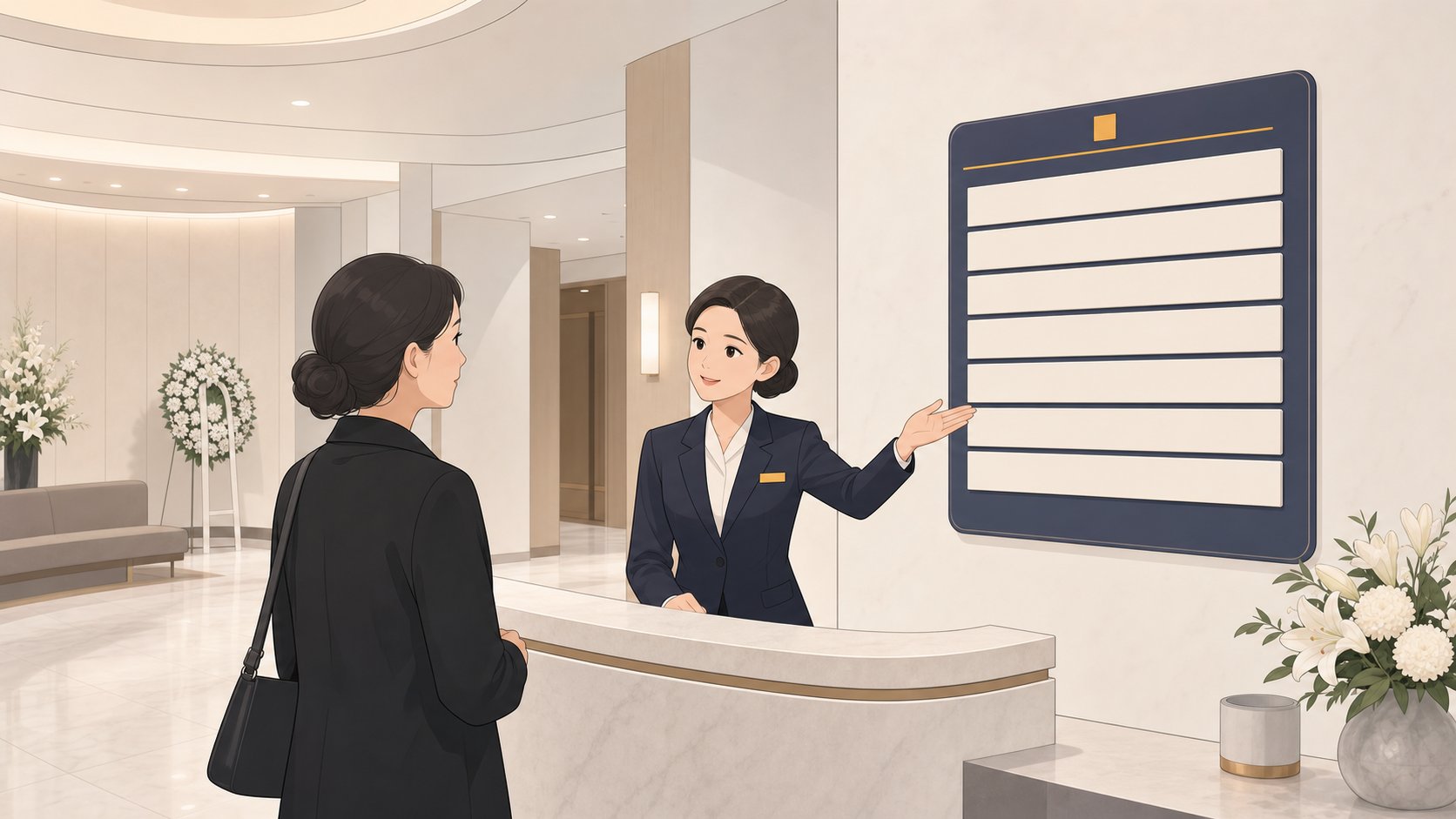 장례식장 안내 데스크에서 직원이 안내판을 가리키며 조문객에게 빈소 위치를 설명하는 모습