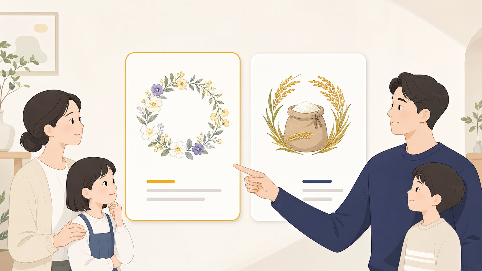꽃 화환과 쌀 화환을 아이콘으로 나란히 비교한 두 개의 정보 카드와 한쪽을 가리키는 손