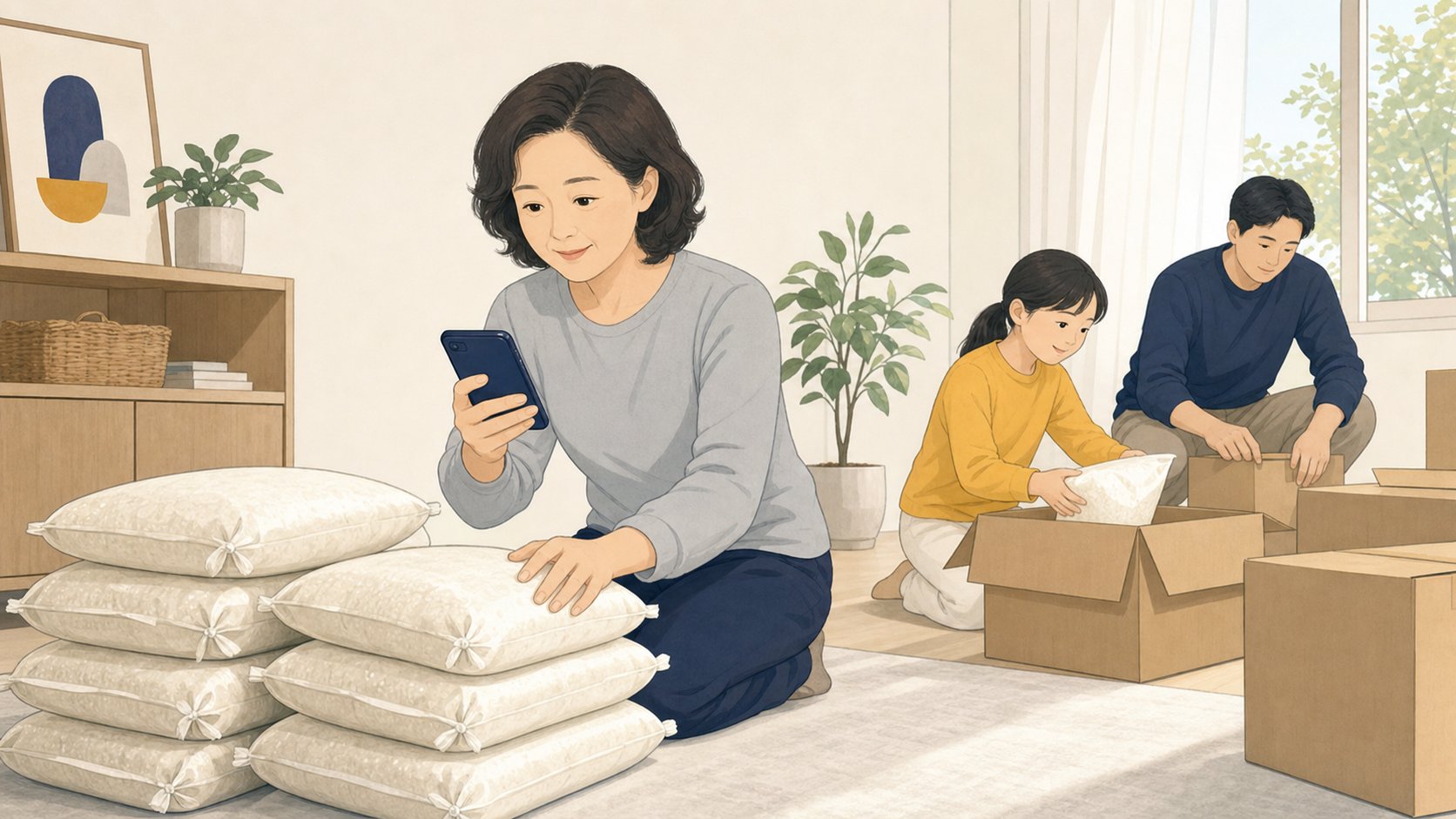 발인 후 방 안에서 쌓인 쌀 포대를 정리하며 휴대폰으로 기부처를 찾아보는 중년 여성