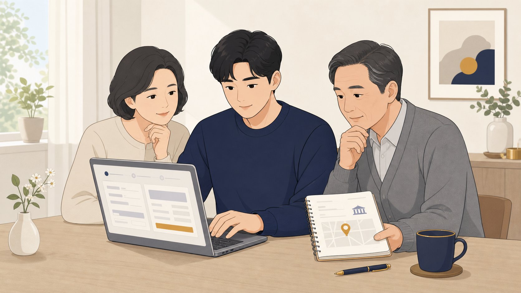 책상에서 수첩에 적힌 장례식장 주소를 확인하며 노트북으로 주문서를 작성하는 두 손