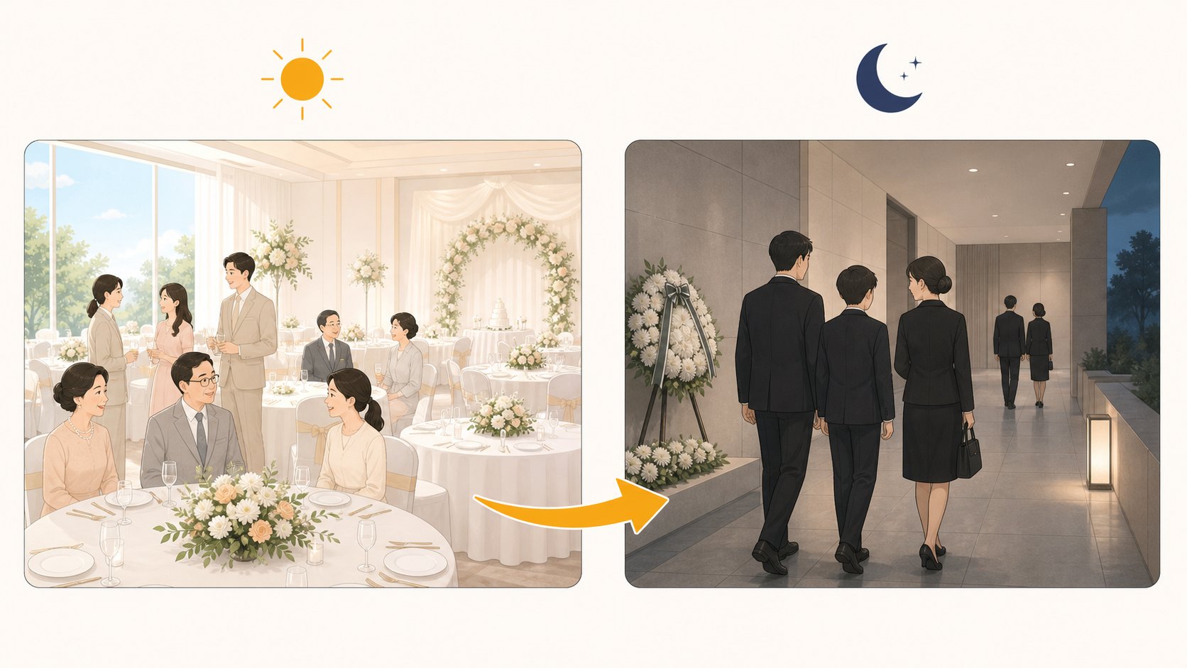 햇빛이 드는 낮 예식장 연회장 장면과 어둑한 저녁 장례식장 복도 장면을 화살표로 이어 보여주는 두 칸 도해