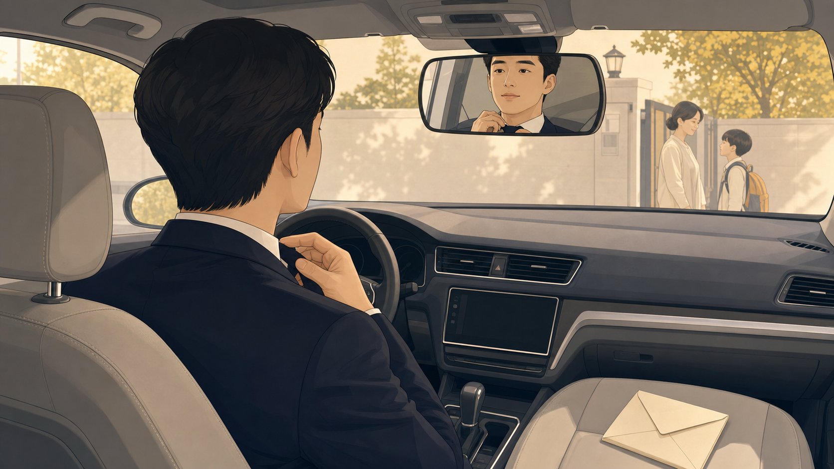 주차된 차 안에서 백미러를 보며 넥타이를 어두운 색으로 바꿔 매는 남성과 조수석에 놓인 봉투