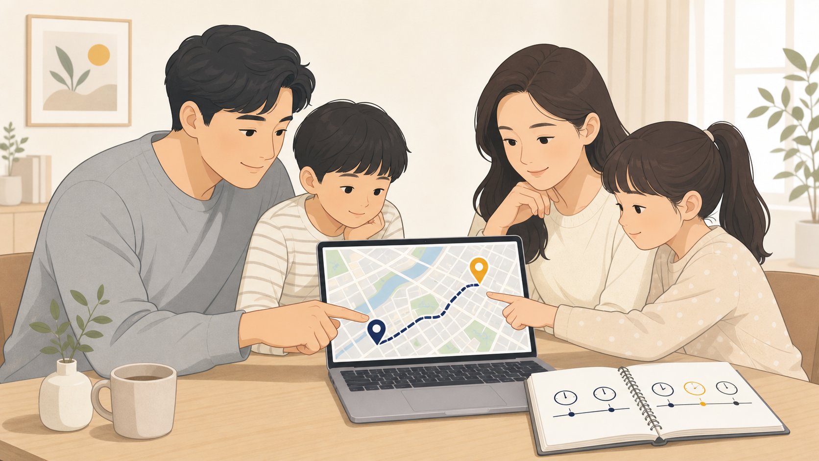 노트북 지도 화면에서 두 지역 사이 이동 경로를 확인하며 수첩에 시간을 적는 손