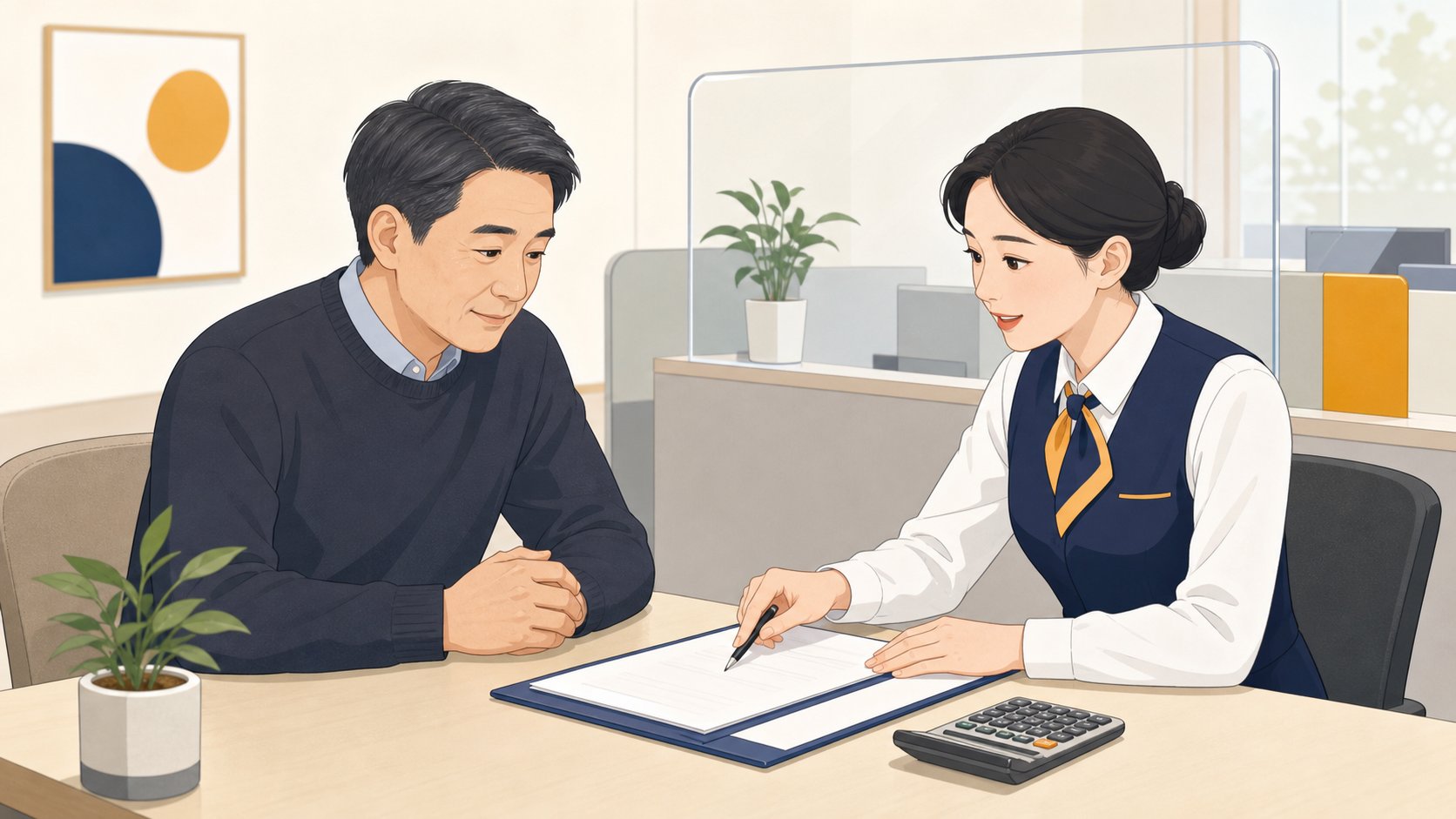 은행 상담 창구에서 서류철을 사이에 두고 직원의 설명을 듣는 중년 남성