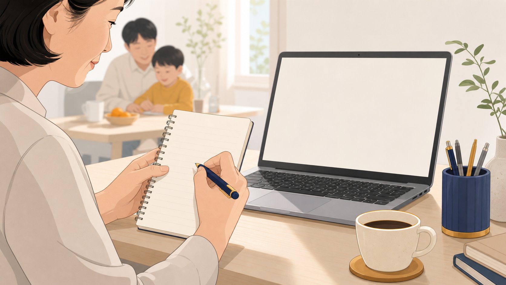 노트북 옆 수첩에 조회할 기관 목록을 하나씩 적어 내려가는 중년 여성의 손