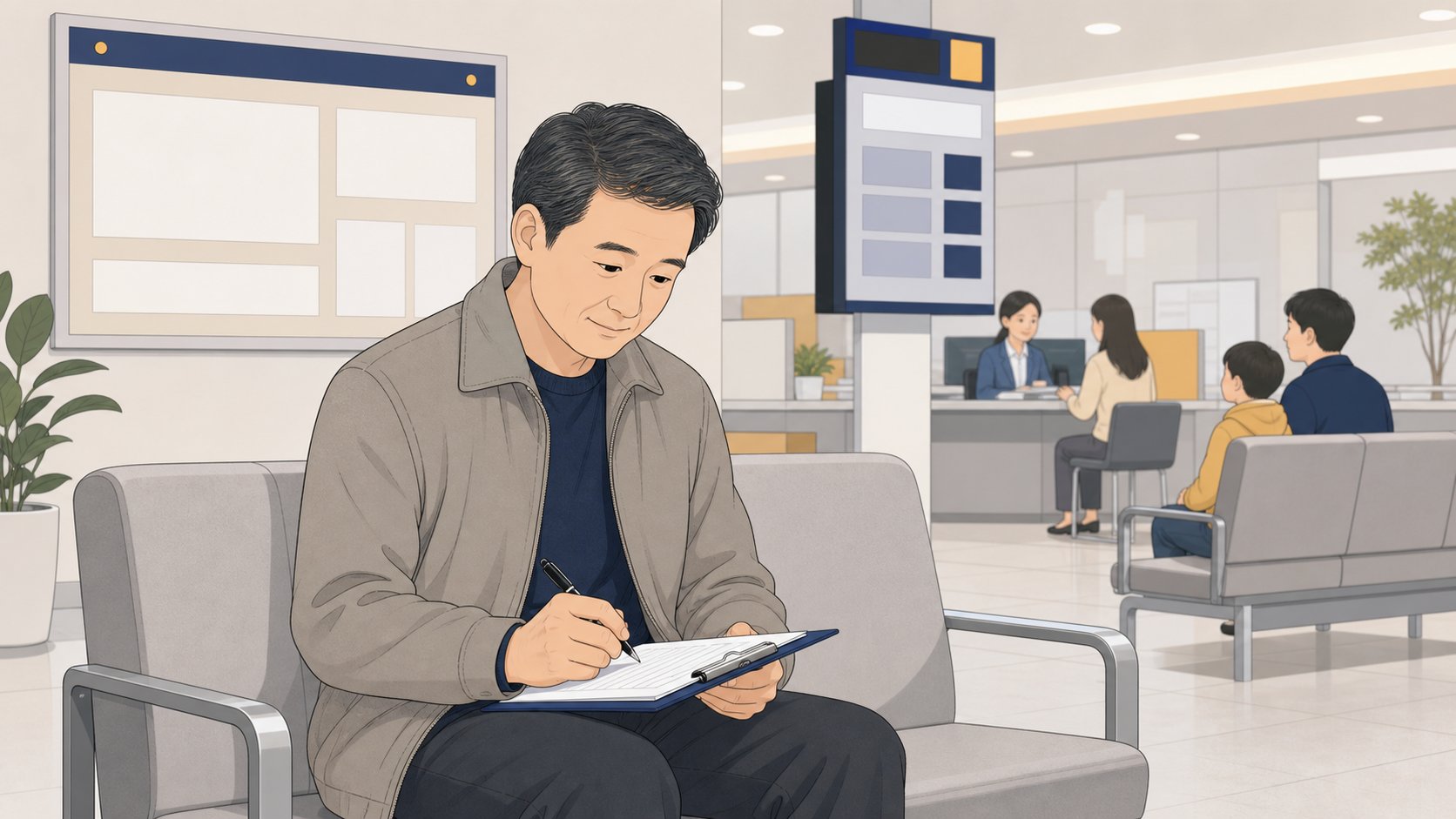주민센터 대기 의자에 앉아 신청서를 작성하는 중년 남성과 뒤편 안내 게시판
