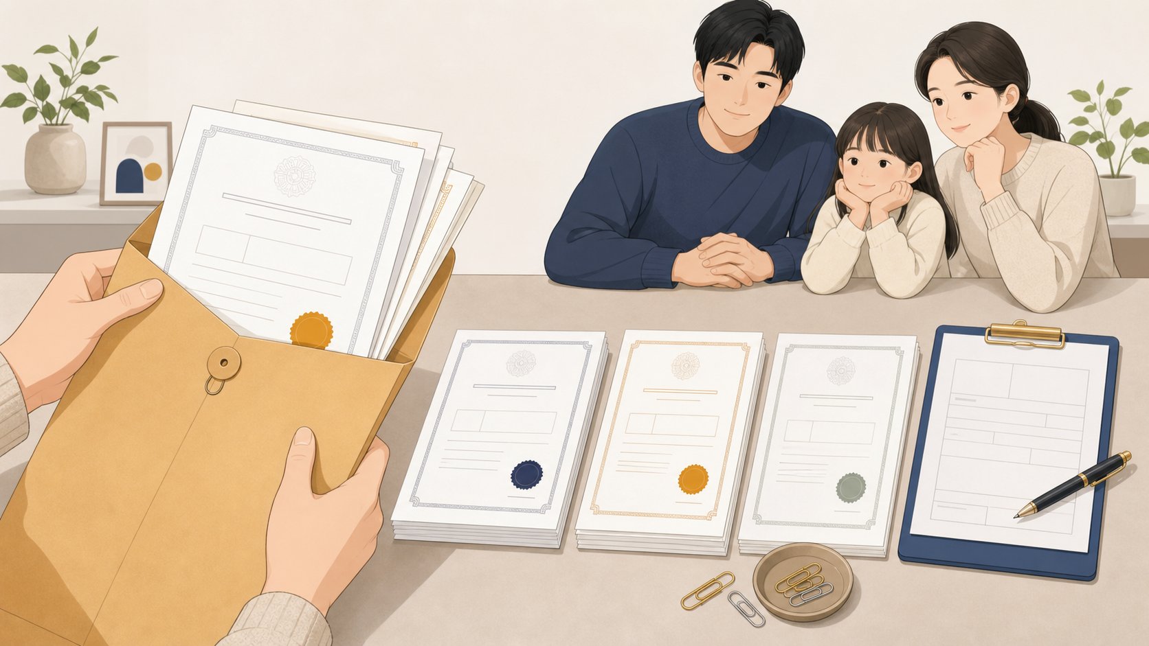 서류 봉투에서 꺼낸 증명서를 기관별로 나누어 정리하는 손과 책상 위 클립보드