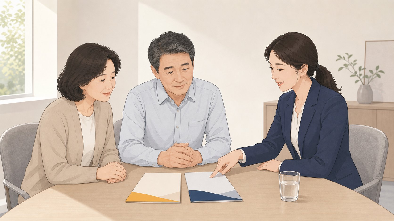 상담실 탁자에 두 가지 안내 자료를 나란히 펼쳐 놓고 비교하며 설명을 듣는 중년 남성
