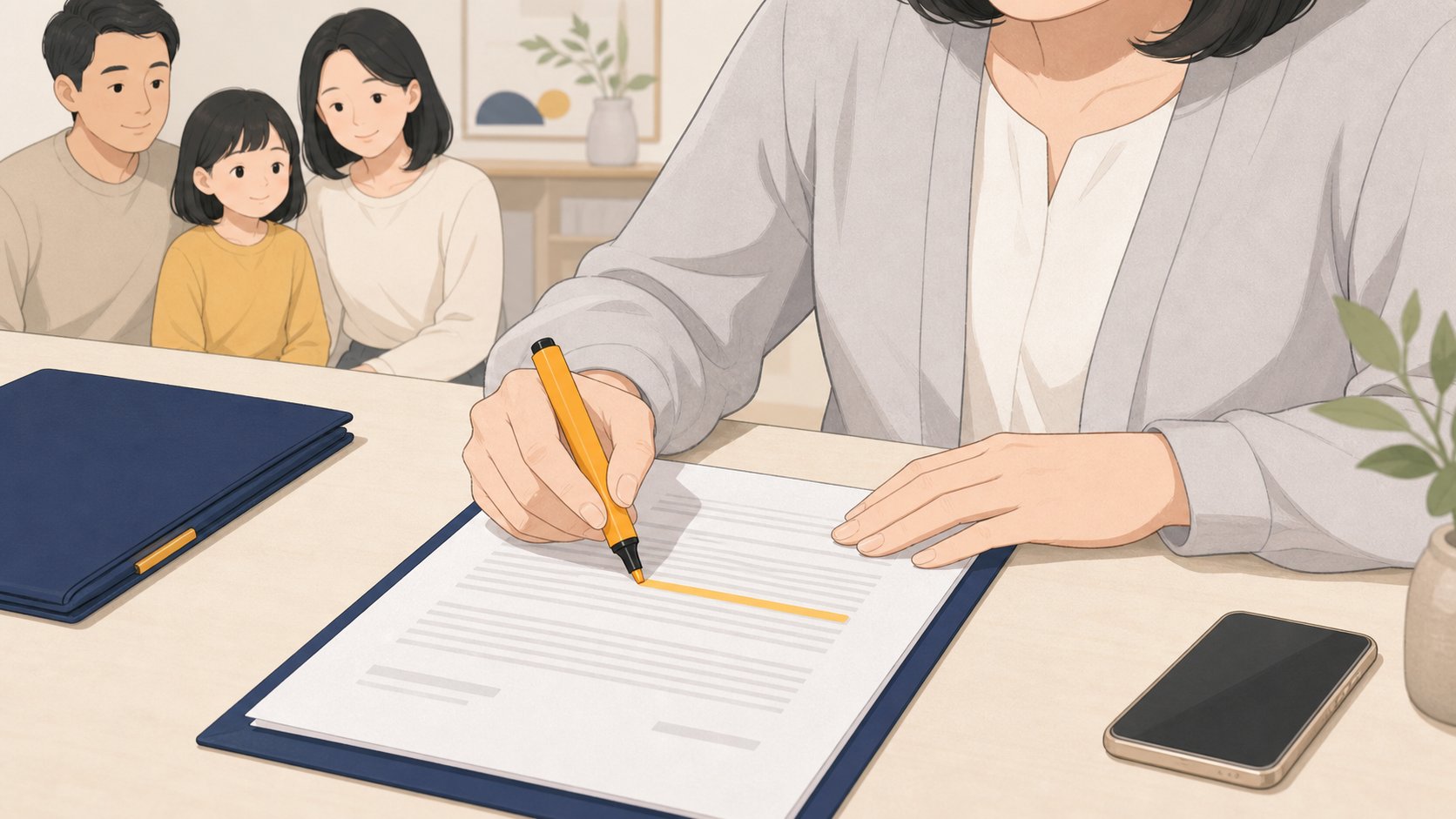 계약서 한 조항에 형광펜으로 표시하는 중년 여성의 손과 옆에 놓인 휴대전화
