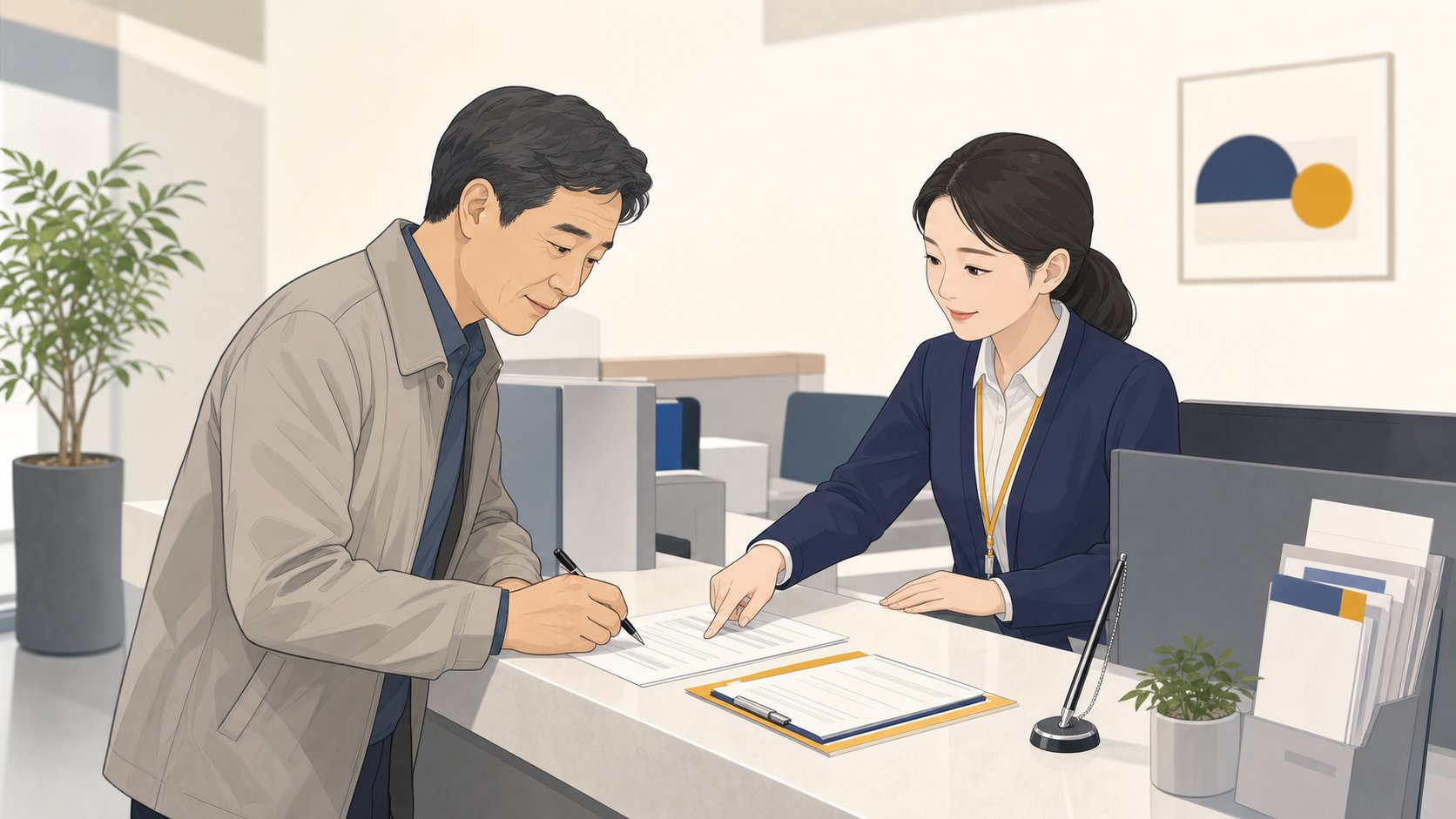 공단 창구에서 신청서를 작성하며 직원의 안내를 듣는 중년 남성
