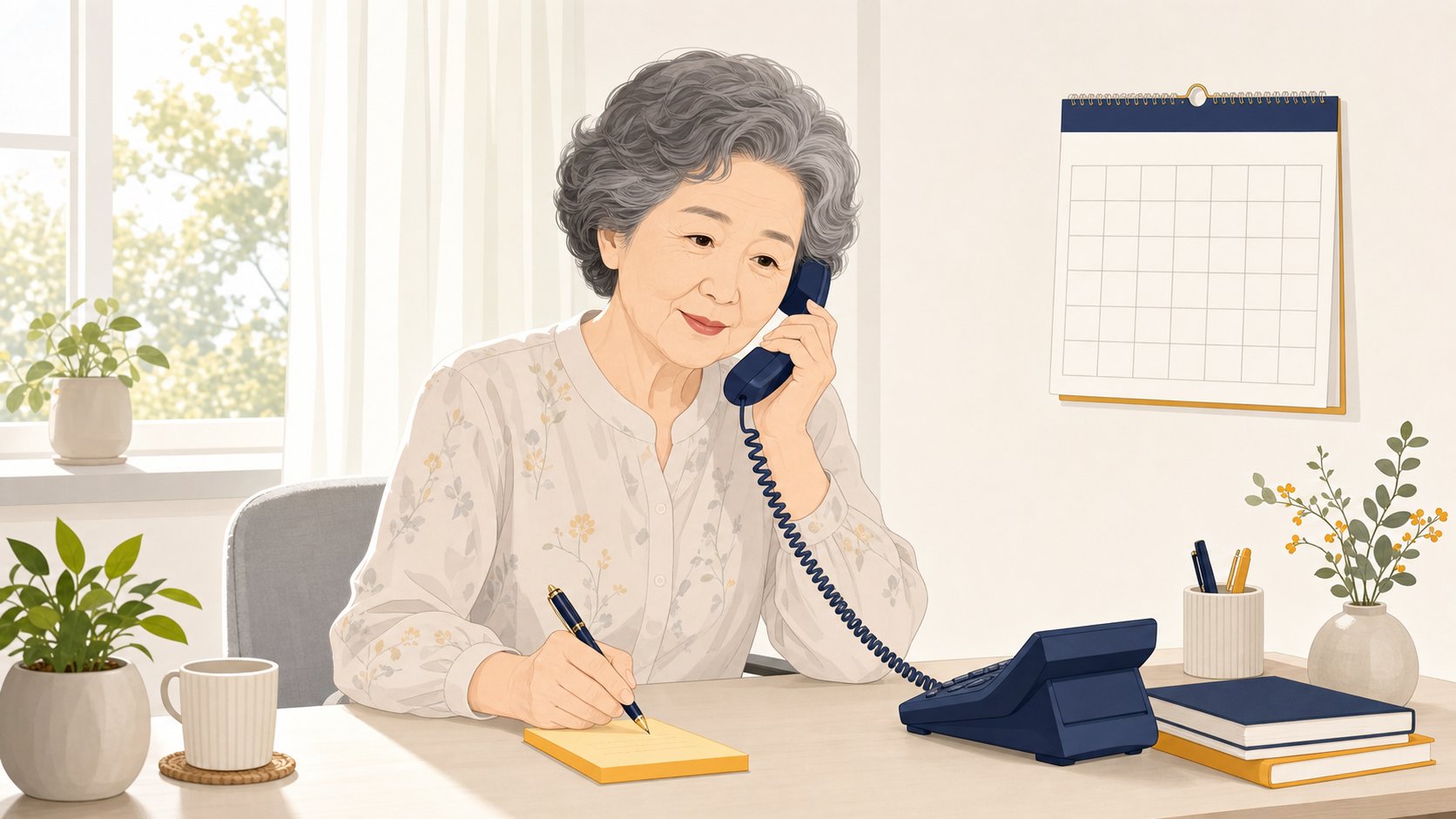 창가 책상에서 수화기를 들고 통화하며 안내 내용을 메모하는 노년 여성