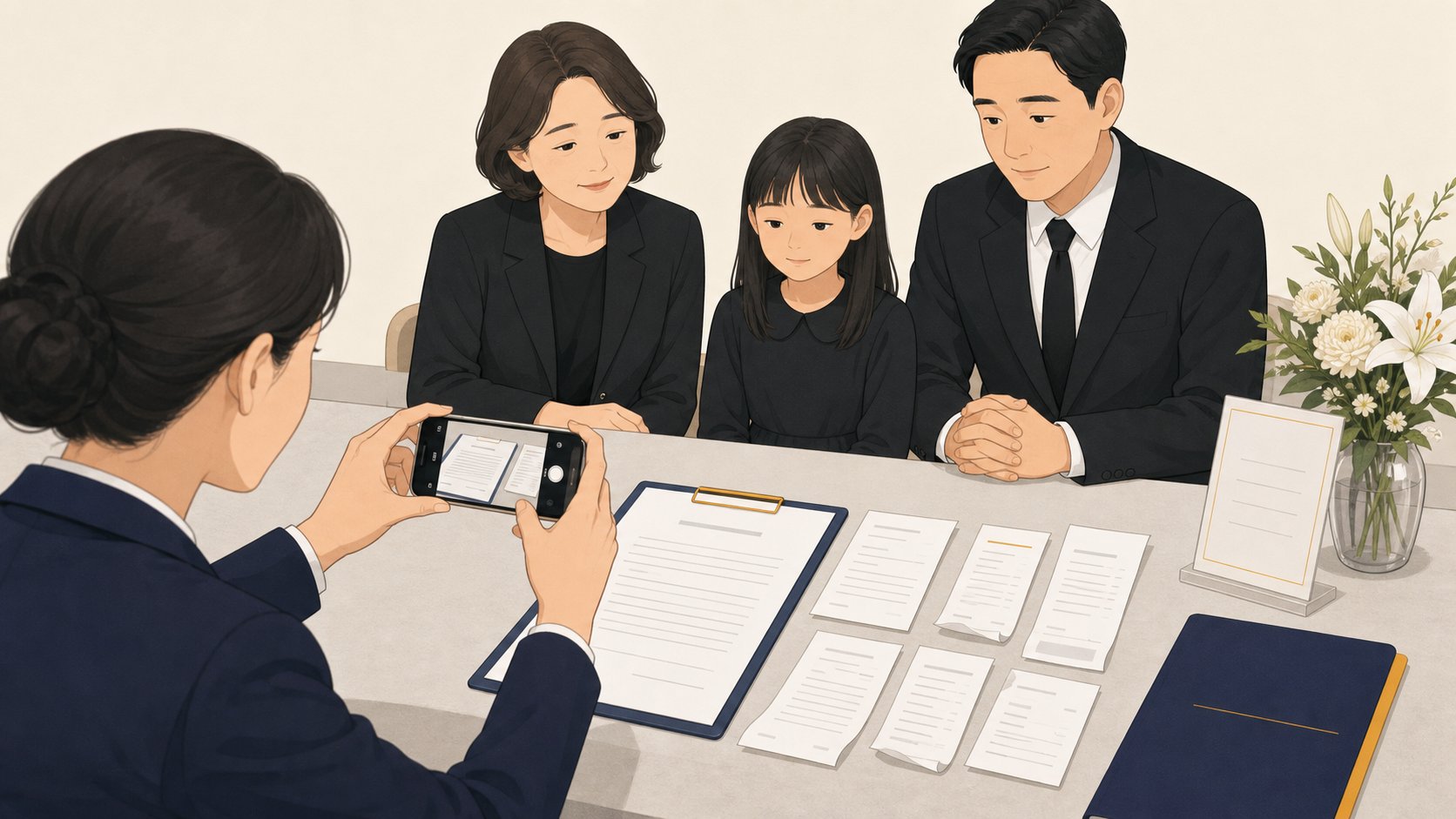 접객실 탁자에 계약서와 영수증을 펼쳐 놓고 휴대전화로 촬영하는 손