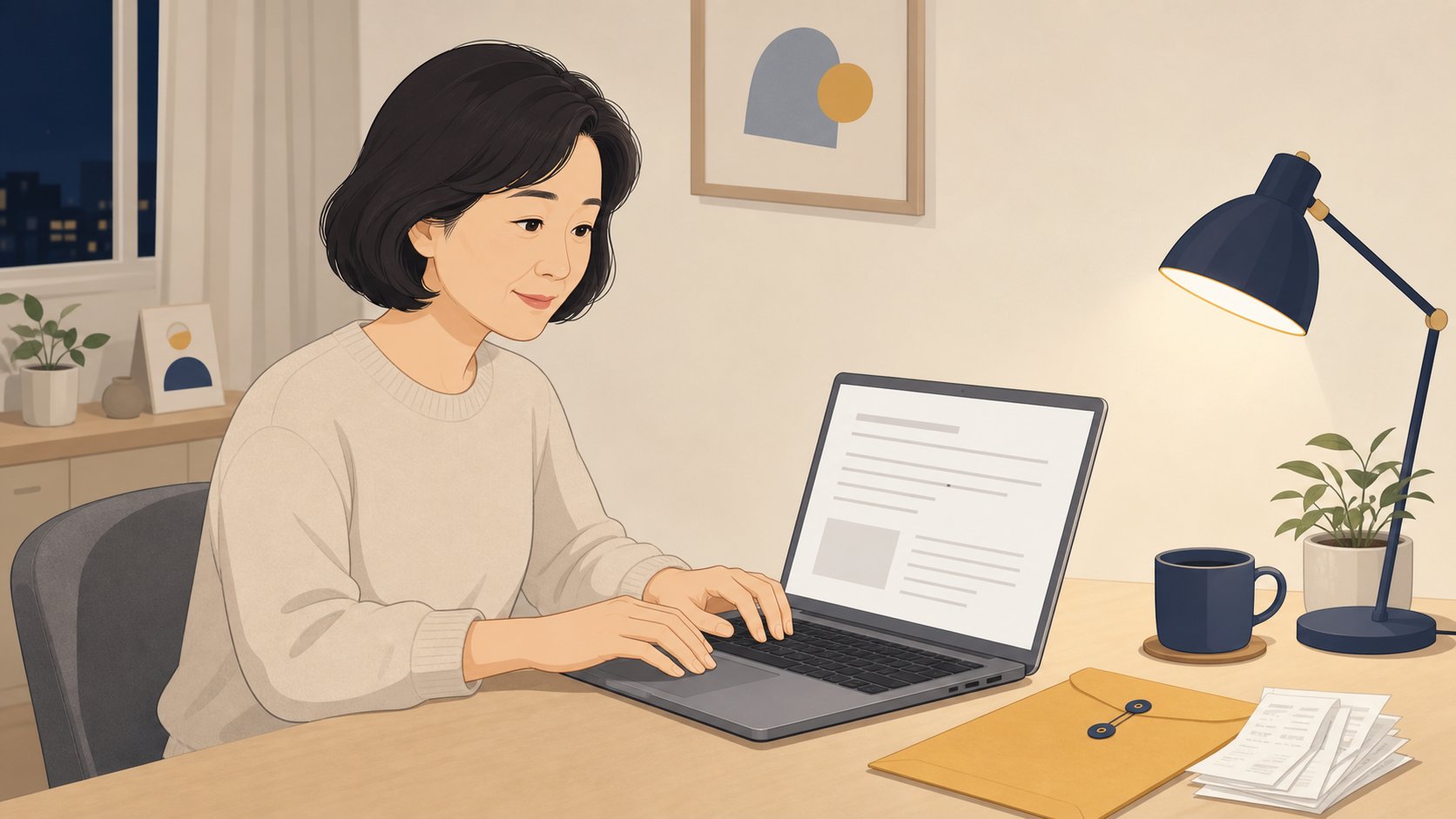 집 책상에서 노트북으로 항목을 정리해 문서를 작성하는 중년 여성과 옆에 놓인 우편 봉투