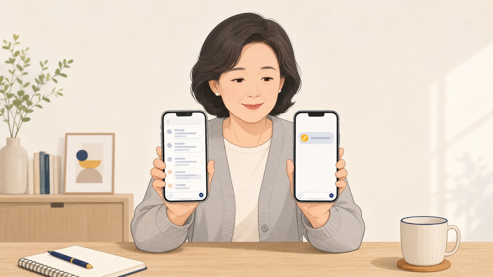 양손에 휴대폰을 한 대씩 들고 내용이 채워진 문자 화면과 링크만 있는 문자 화면을 나란히 비교하는 중년 여성